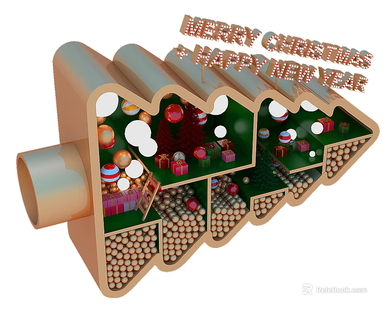 Festive Christmas New Year Decorative Display With Colorful Balls Gift Boxes And Ladder 3d model 