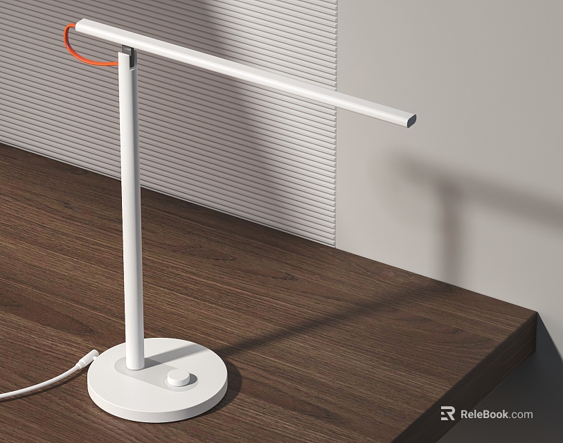 Modern White Desk Lamp with Sleek Design on Wooden Tabletop Against Textured Wall 3d model 
