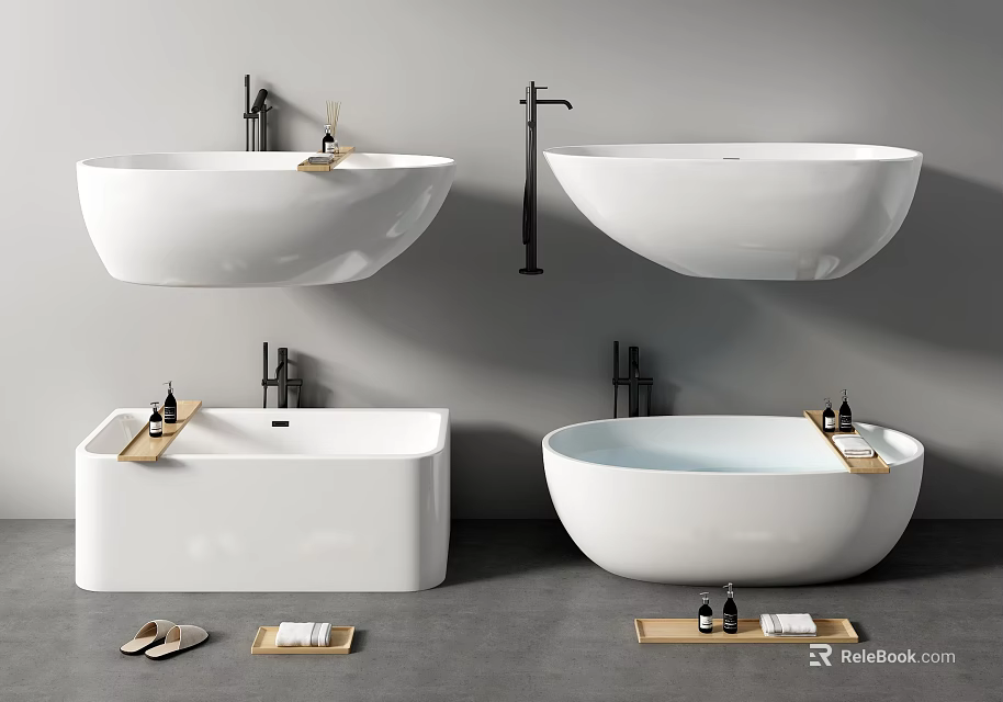 Modern Bathtub Interior Design With Freestanding Vessel Wooden Tray Toiletries And Slippers 3d model 
