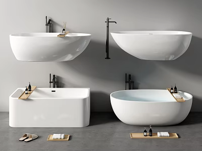 Modern Bathtub Interior Design With Freestanding Vessel Wooden Tray Toiletries And Slippers 3d model