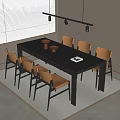 Modern Dark Wooden Dining Table Set With Brown Chairs Decorative Bowls And Pendant Lights