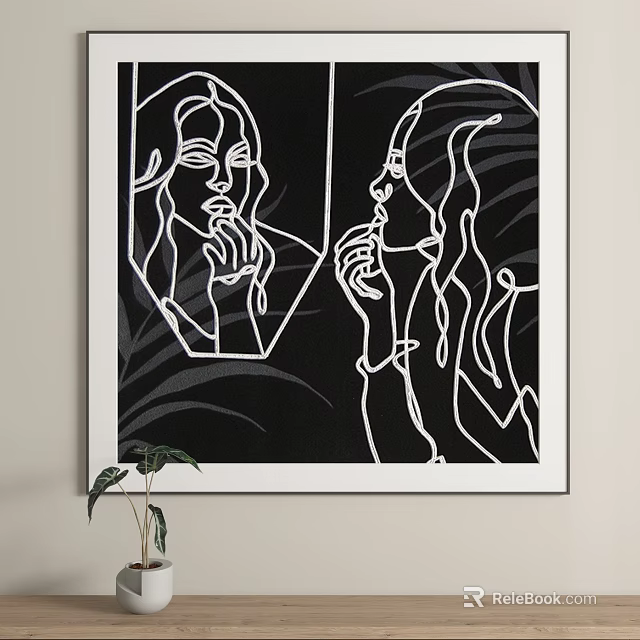 Abstract Painting With Line Art Female Figures And Black White Leaf Patterns Wall Decor 3d model 