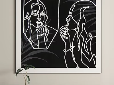 Abstract Painting With Line Art Female Figures And Black White Leaf Patterns Wall Decor 3d model