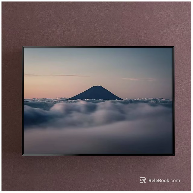 Framed Landscape Painting Featuring Mountain Above Sea of Clouds at Sunset Sky 3d model 