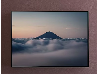 Framed Landscape Painting Featuring Mountain Above Sea of Clouds at Sunset Sky 3d model