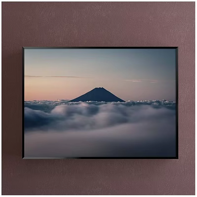 Framed Landscape Painting Featuring Mountain Above Sea of Clouds at Sunset Sky 3d model
