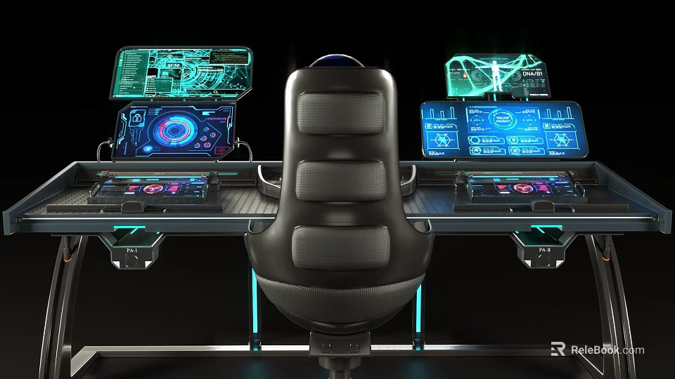 Gaming Desk and Chair Set with Black Seat Blue Lighting Multiple Monitors and Futuristic Design 3d model 