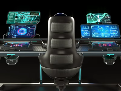 Gaming Desk and Chair Set with Black Seat Blue Lighting Multiple Monitors and Futuristic Design 3d model