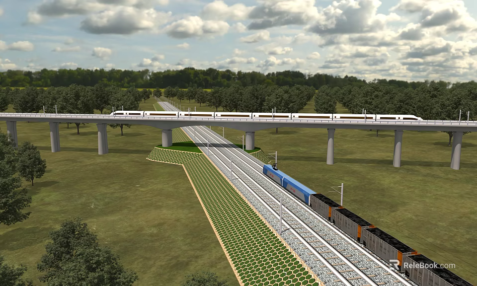 Railway Viaduct And Track Structure With Green Vegetation And Woodland Under Cloudy Sky 3d model 