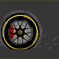 High Performance Car Tire With Yellow Accent Stripe Black Wheel Rim And Red Brake Caliper