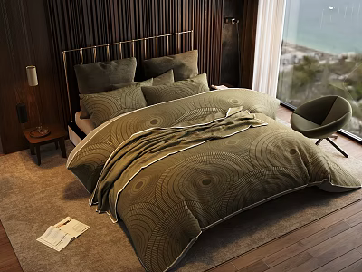 Modern Bedroom Double Bed With Wooden Headboard Green Quilt Pillows Floor-to-Ceiling Window Sea View Nightstand 3d model