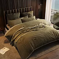 Modern Bedroom Double Bed With Wooden Headboard Green Quilt Pillows Floor-to-Ceiling Window Sea View Nightstand