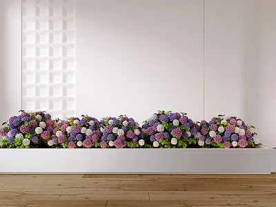 Purple And White Hydrangeas Arranged On White Countertop With Light Wall And Wooden Floor Background 3d model