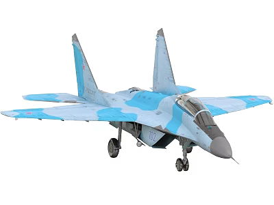 Fighter Jet Model with Blue White Camouflage Twin Vertical Tails and Transparent Cockpit 3d model