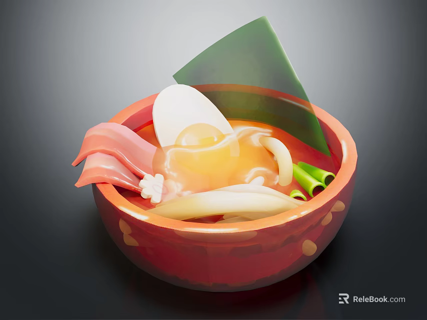 Red bowl with soup containing soft boiled egg sliced meat green onions and green leaf 3d model 