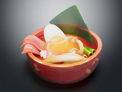 Red bowl with soup containing soft boiled egg sliced meat green onions and green leaf 3d model
