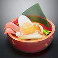 Red bowl with soup containing soft boiled egg sliced meat green onions and green leaf