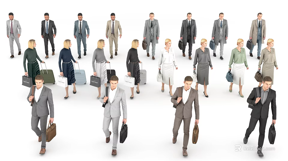 Many business professionals walking together holding briefcases dressed in formal attire 3d model 