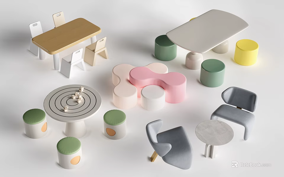 Colorful Kids Table with Various Shapes and Matching Stools for Children 3d model 