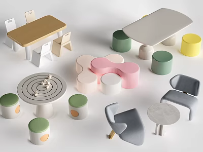 Colorful Kids Table with Various Shapes and Matching Stools for Children 3d model