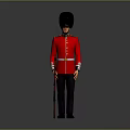 Standing British Royal Guard in Red Uniform With Black Bearskin Hat and Rifle