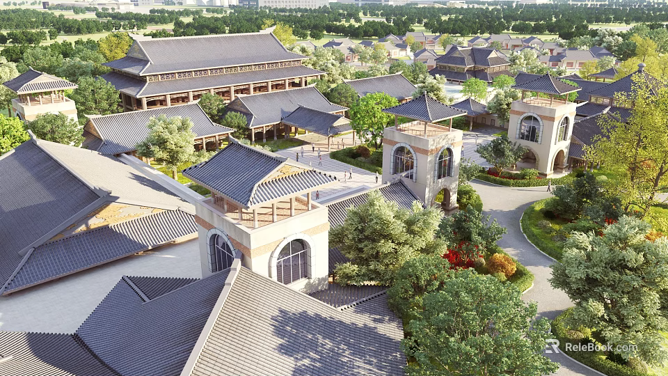 Birds Eye View Planning of Chinese Style Architecture With Traditional Roofs Towers and Green Courtyards 3d model 