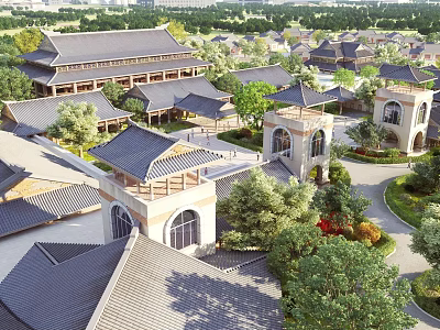 Birds Eye View Planning of Chinese Style Architecture With Traditional Roofs Towers and Green Courtyards 3d model