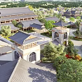 Birds Eye View Planning of Chinese Style Architecture With Traditional Roofs Towers and Green Courtyards
