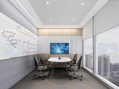 Modern Conference Room Interior With Whiteboard Round Table Chairs And City View Windows 3d model