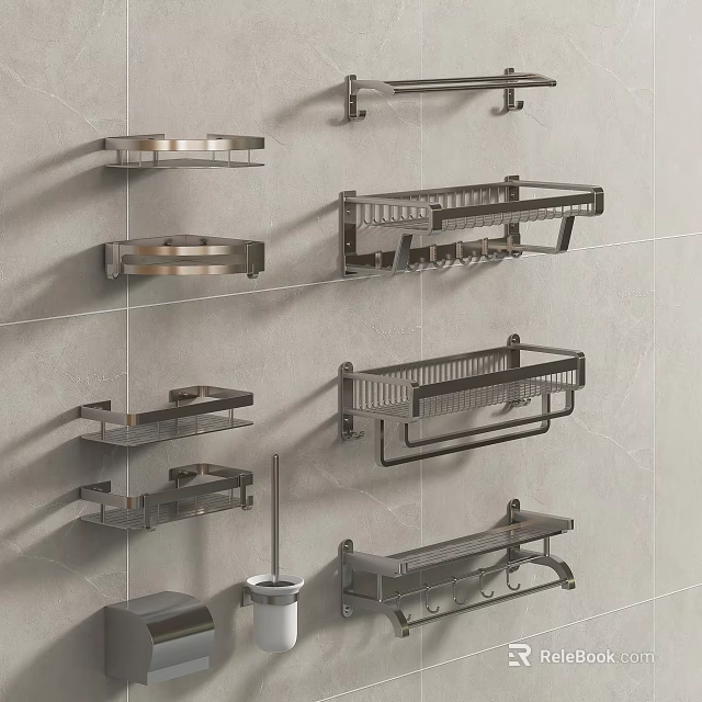 Wall Mounted Metal Bathroom Shelves With Various Designs And Storage Hooks 3d model 