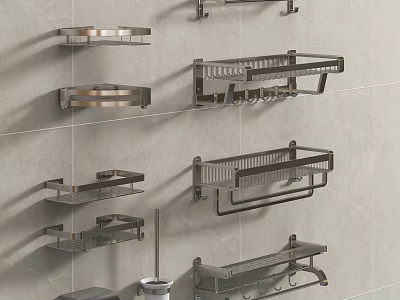 Wall Mounted Metal Bathroom Shelves With Various Designs And Storage Hooks 3d model