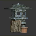 Traditional Copper Lantern Structure With Pagoda Roof Window Panels And Wooden Log Stump