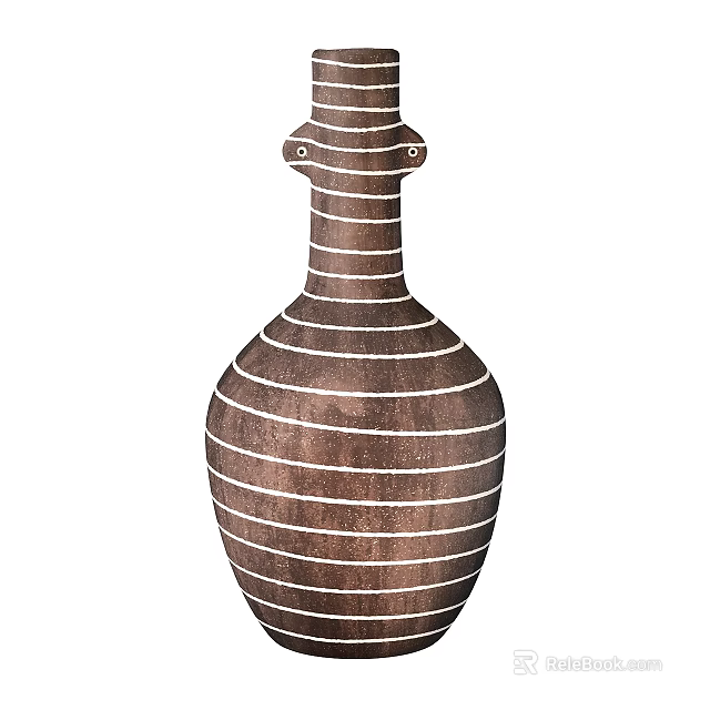 Elegant Brown Ceramic Vessel With Slender Neck White Horizontal Stripes And Wide Body 3d model 