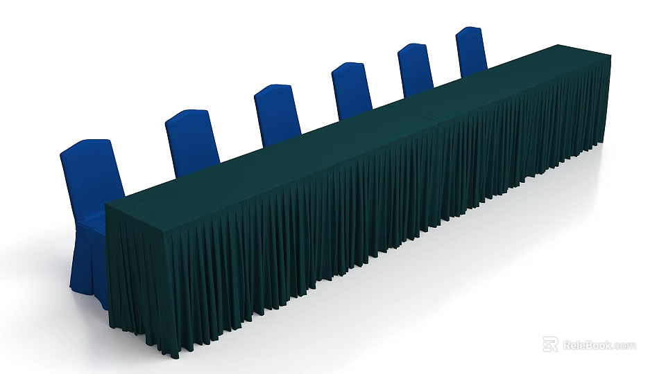 Elegant Stage Setup With Long Table Dark Green Tablecloth And Blue Chairs 3d model 