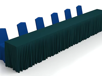 Elegant Stage Setup With Long Table Dark Green Tablecloth And Blue Chairs 3d model
