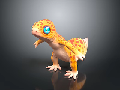 Colorful Reptile Gecko with Blue Eyes Orange Yellow Body Red Spots on Black Reflective Surface 3d model