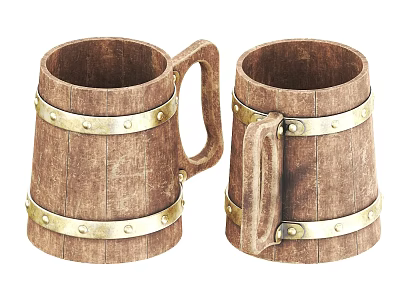 Wooden Mugs with Metal Bands and Rivets Vintage Barrel Design for Home Use 3d model