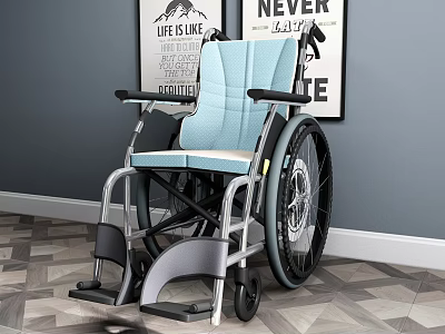 Comfortable Medical Wheelchair With Light Blue Seat Silver Frame Armrests And Footrests 3d model