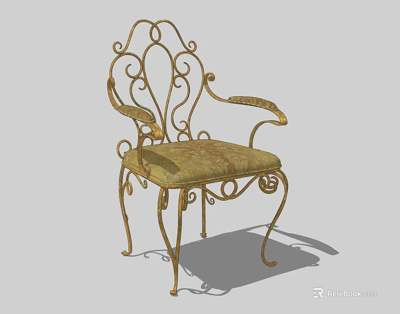 Ornate Wrought Iron Armchair With Curved Arms Gold Frame And Patterned Upholstery 3d model 