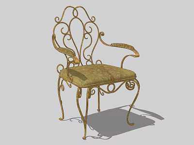 Ornate Wrought Iron Armchair With Curved Arms Gold Frame And Patterned Upholstery 3d model