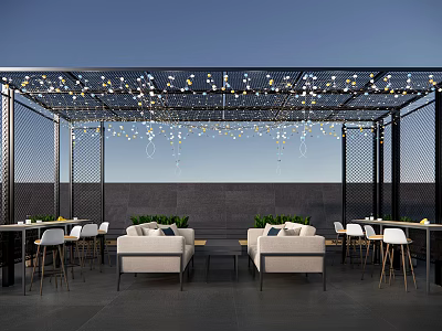 Outdoor Sofa In Pergola With String Lights Dining Tables And Green Plants 3d model