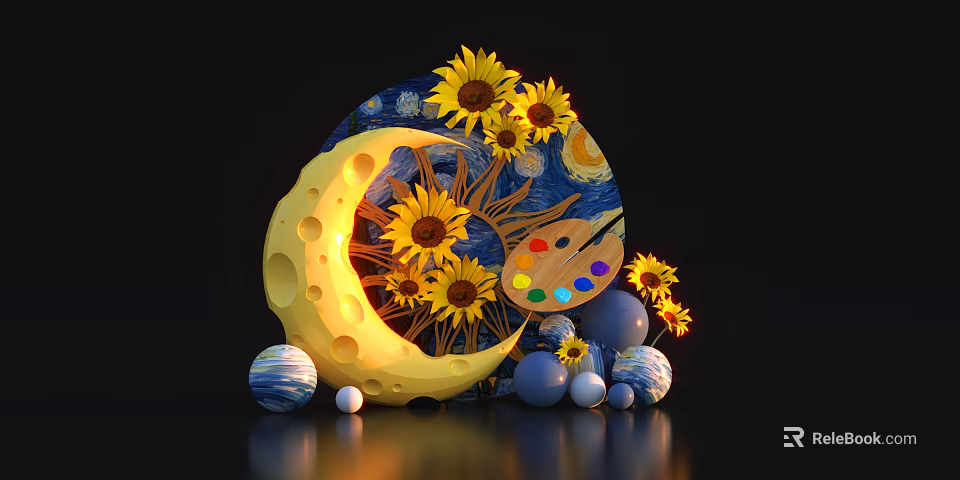 Artistic Window Display Featuring Yellow Moon Sunflowers Paint Palette Planet Models Van Gogh Starry Sky 3d model 