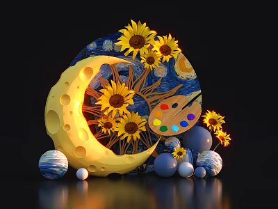 Artistic Window Display Featuring Yellow Moon Sunflowers Paint Palette Planet Models Van Gogh Starry Sky 3d model