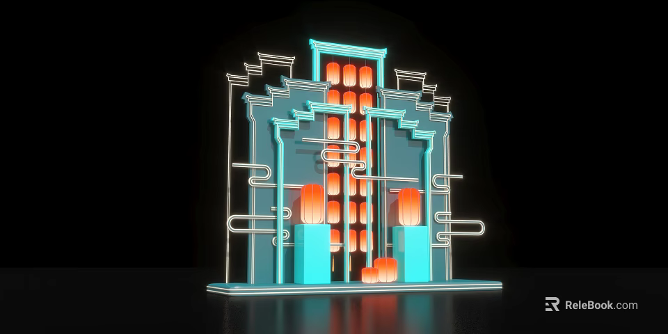 Traditional Architecture Model with Neon Lights and Hanging Lantern Elements 3d model
