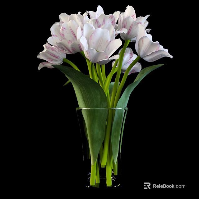 Transparent Glass Vase With White Pink Striped Tulips Green Leaves And Stems On Black Background 3d model 
