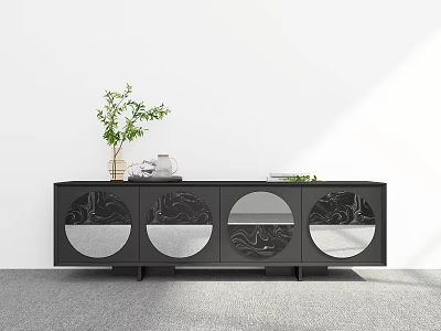 Modern Black TV Stand With Circular Pattern Design And Green Plant Decor 3d model