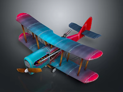 Vintage Space Aviation Biplane Model With Blue Pink Gradient Red Tail And Brown Propeller 3d model