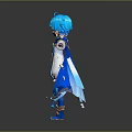 Anime Character With Blue Hair Blue Cape And White Outfit Standing With Light Particles