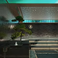 Modern Garden Ornament with Small Pine Tree Water Fountain Stone Steps and Textured Wall Design