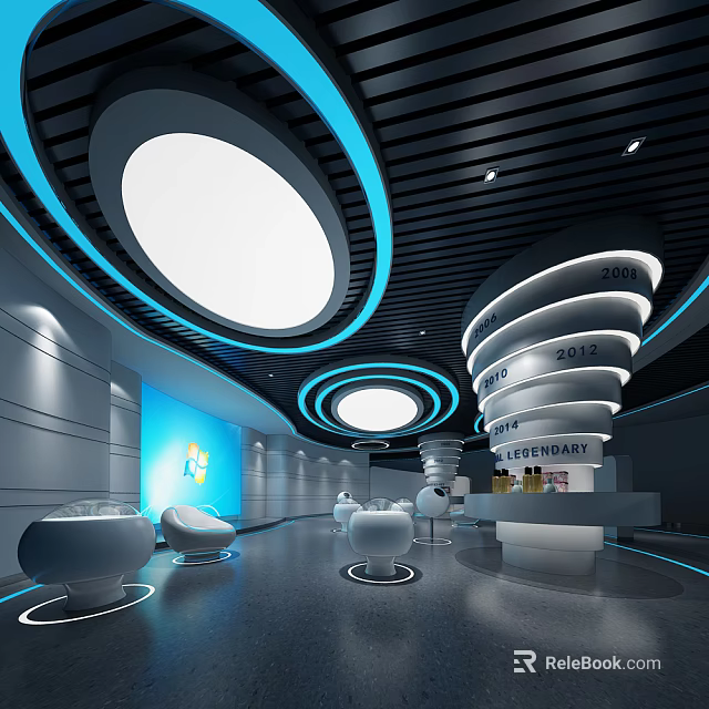 Modern Futuristic Interior Space With Circular Ceiling Blue Lighting And Spiral 3d model 